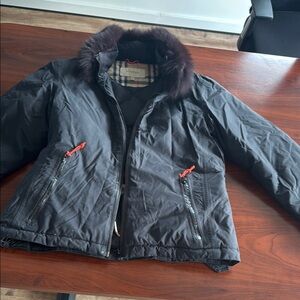 Blueberry Black Jacket with Removable Fur Collar and Orange Accents